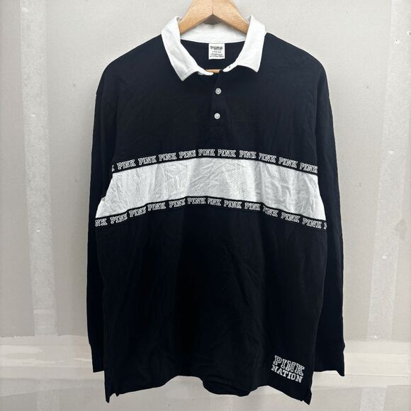 Victorias Secret Pink Nation Long Sleeved Rugby Polo Shirt Womens L Black White - Picture 1 of 6